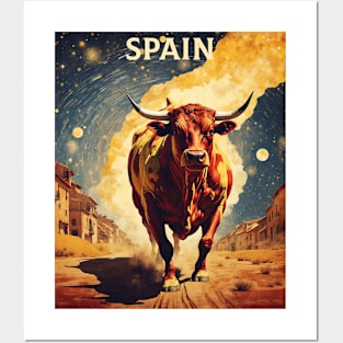 Running of the Bulls Starry Night Spain Travel Tourism Retro Vintage Posters and Art